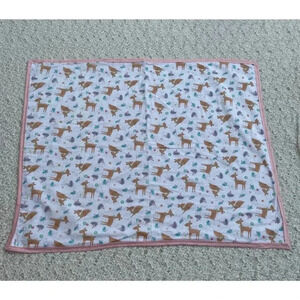 Hand Sewn By Marta Chacon Handmade Deer Print Baby Blanket Pink White 35"x44"